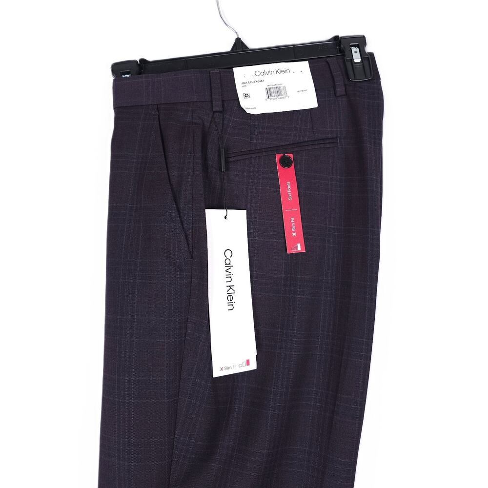 Calvin Klein Mens Slim Fit Dress Pant 32x32 Navy Burgundy Plaid Stretch Wool NWT